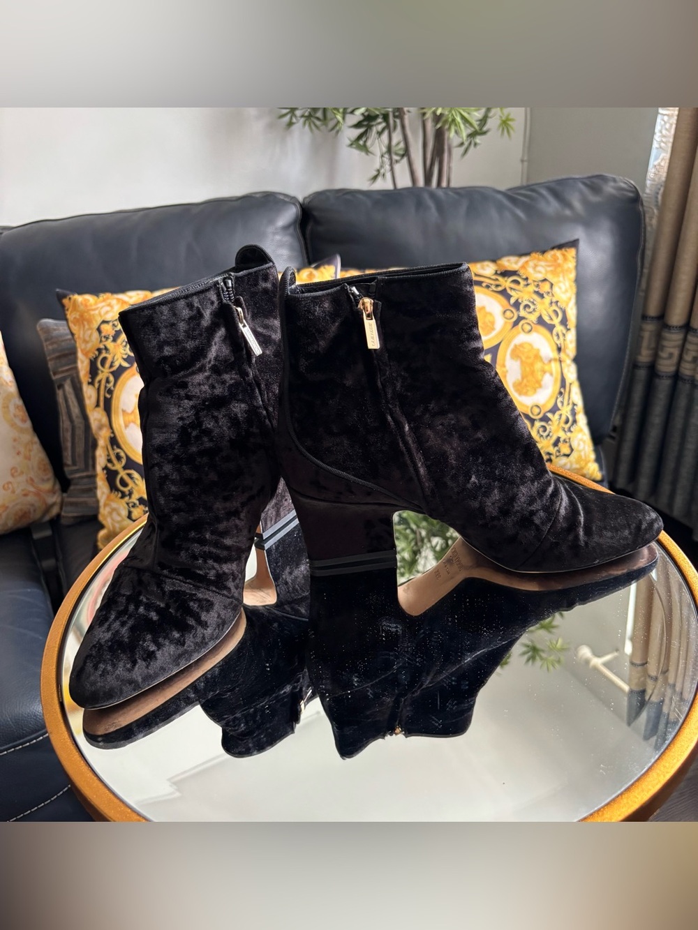 Jimmy Choo Black Velvet Ankle Booties with Gold Zipper